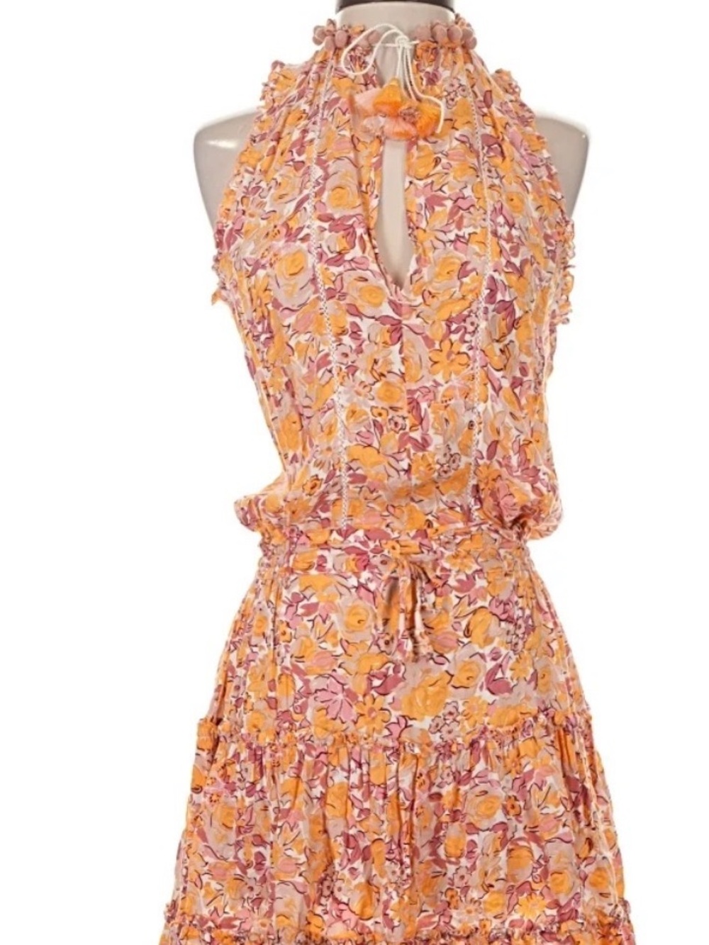 Poupette St. Barth Peach and Pink Floral Halter Mini Dress